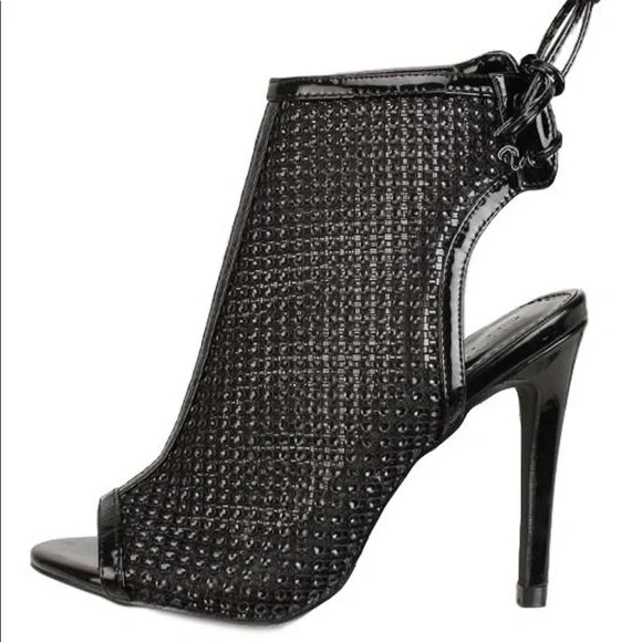 Sexy Black Peeptoe Rhinestone Mesh Strappy Lace Up High Heel Booties - Picture 4 of 4